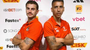 Merlin Hadzi u Brandon Paiber ta' Ħamrun Spartans u Valletta rispettivament, qabel il-konfront ta' bejnithom.