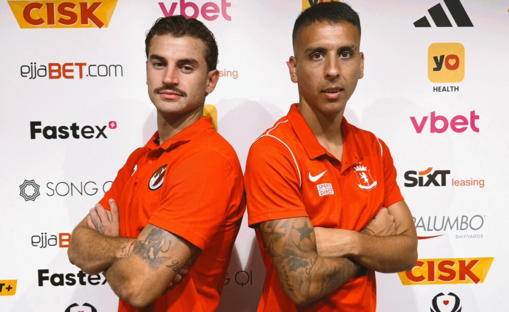 Merlin Hadzi u Brandon Paiber ta' Ħamrun Spartans u Valletta rispettivament, qabel il-konfront ta' bejnithom.