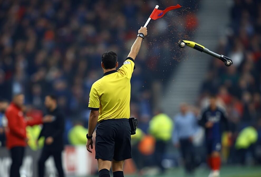 Ritratt maħdum bl-AI juri xena ta' scooter jitwaddab fid-direzzjoni ta' assistant referee.